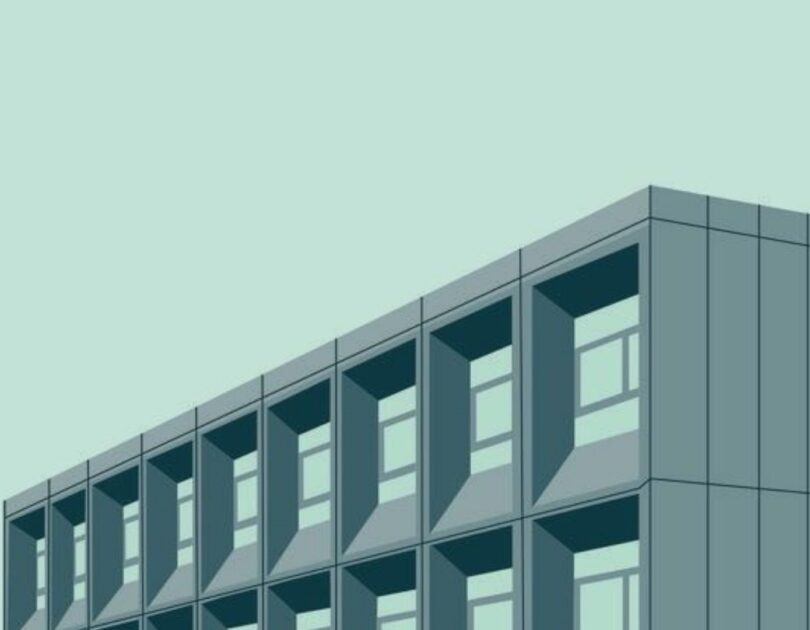 Ilustração vetorial de fachada de edifício comercial moderno com janelas em tons de verde