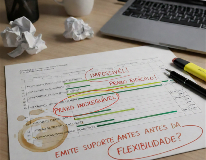Cronograma de projeto de tubulação industrial com prazos inexequíveis anotados em vermelho